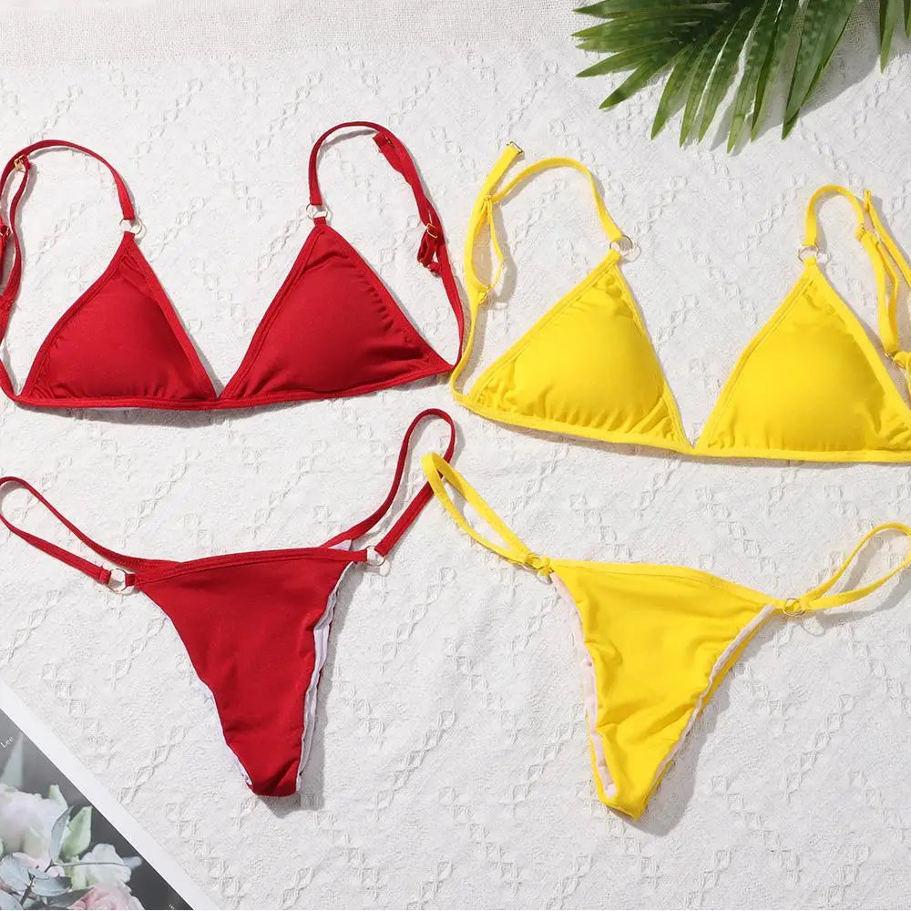 Vacation Woman Girl Sexy Solid Color Sling Backless Bikini Set Split Swimwear Swimsuit Two Piece