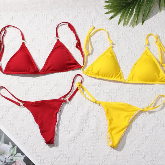 Vacation Woman Girl Sexy Solid Color Sling Backless Bikini Set Split Swimwear Swimsuit Two Piece