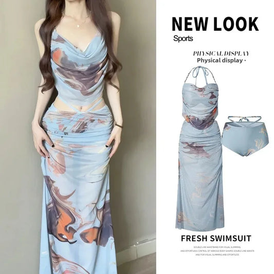 Sexy Bikini Swimwear Women's Three-Piece Set Long Dress Small Chest Gathered Steel Supportive Summer Vacation Beachwear