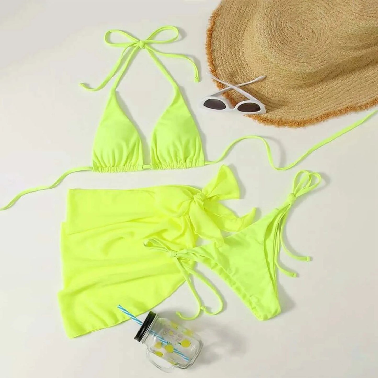 Women'S Solid Halter Backless Bikinis Set Sexy Triangle Cup Lace Up Bikini Top With Bottoms Swimsuit Cover Up 3 Piece Swimsuit
