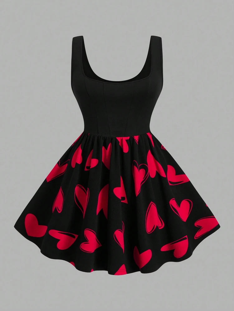 Plus Size Women's Red Heart Patchwork Round Neck Sleeveless Casual Dress for Valentine's Day and Summer