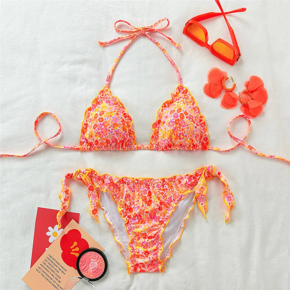 Orange Floral Print Halter String Triangle Bikini Ruched Edge Sexy Swimsuit Women 2025 Holiday Swimwear Bathing Suit Bikinis Set