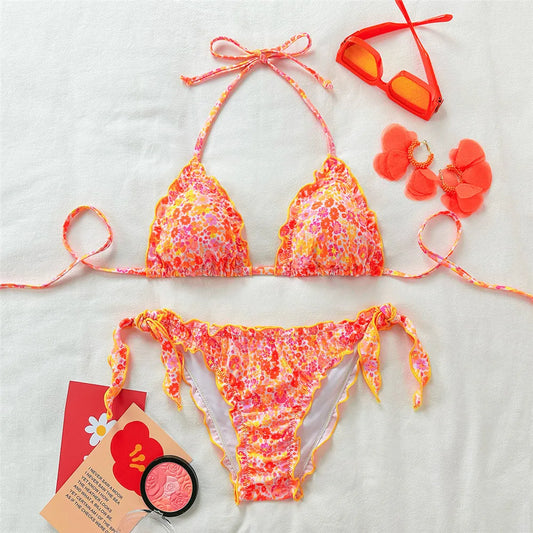Orange Floral Print Halter String Triangle Bikini Ruched Edge Sexy Swimsuit Women 2025 Holiday Swimwear Bathing Suit Bikinis Set