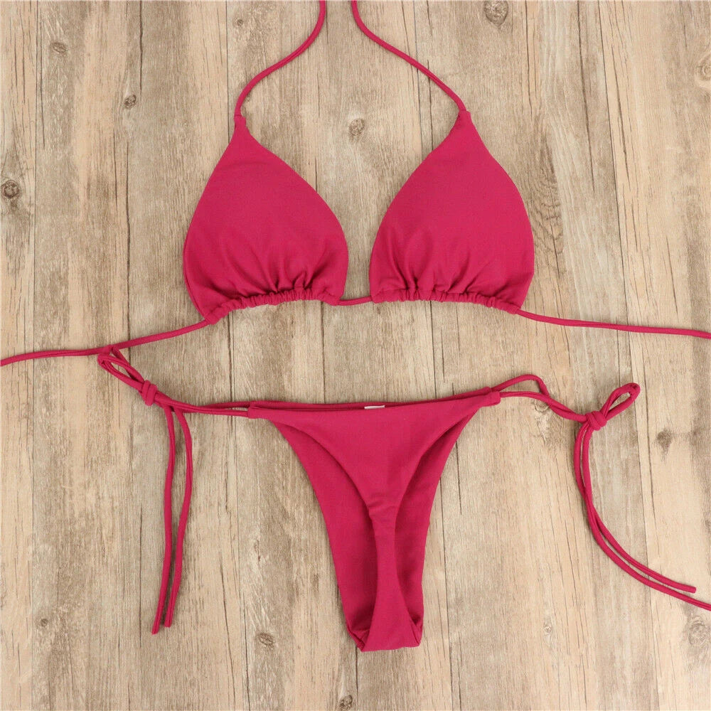 2Pcs Summer Women Bikini Set Side Tie Sexy Swimsuit Bandage Style Brazilian Swimwear Solid Color Swimming Bathing Suit