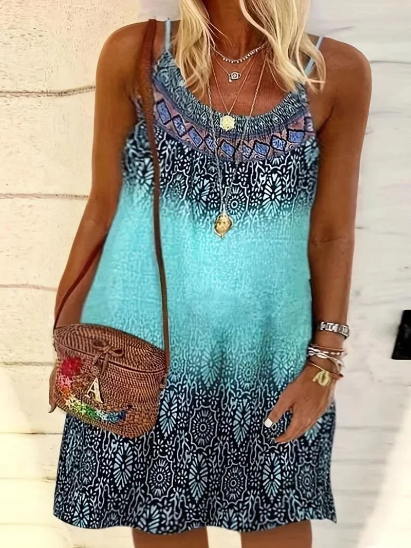Summer Fashion Women's Plus Size 1XL-6XL Ladies Vintage Printed Casual Beach Dress Spaghetti Strap Loose Dress Boho Dress Robe