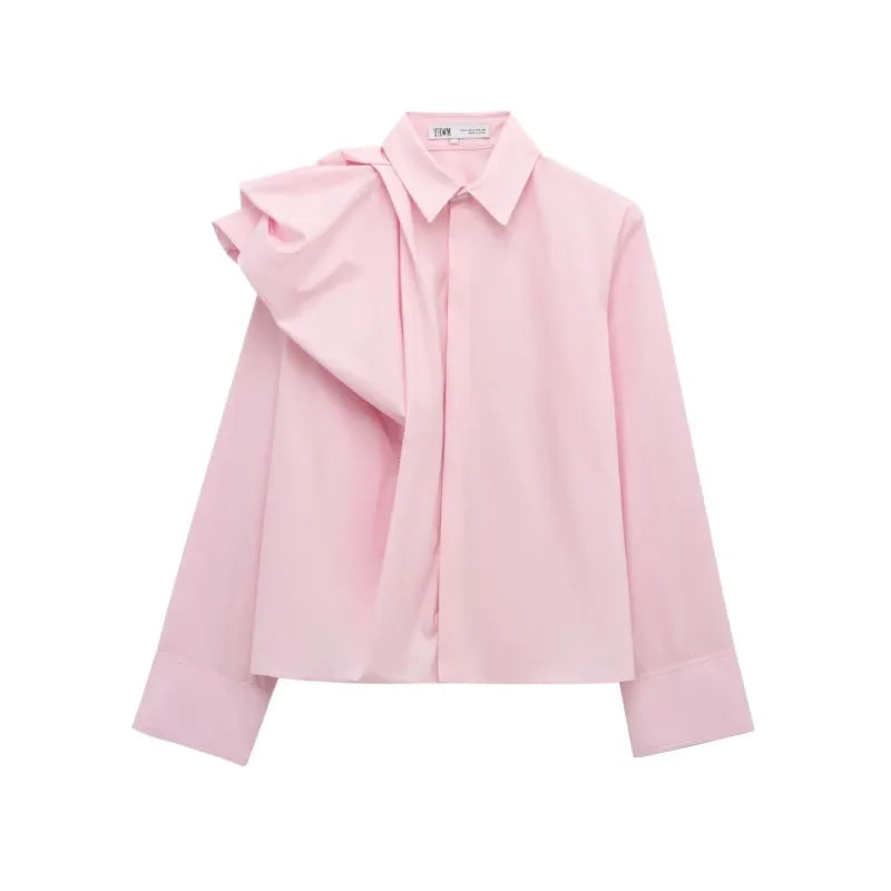 Women Poplin Shirt Spring Long Sleeve Female Shirts Casual Shoulder with Added Volume Pleated Women's Party Shirts & Blouses