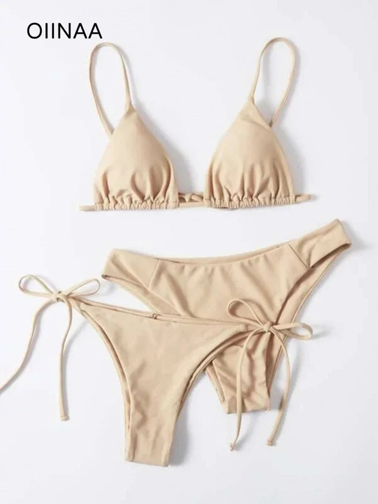 OIINAA Swimwear Women Sexy Solid Swimsuit Drawstring Bow Tie Bikini Set Three-pieces Beachwear Summer Thong Bather Bathing Suit