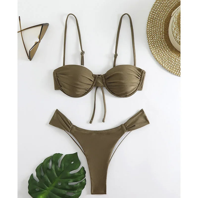 Sexy Bikini Set Women Bathing Suit Solid Pleated Lace Up Thong Split Micro Bikini Summer 2025 New Beach Wear Two Pieces Swimwear
