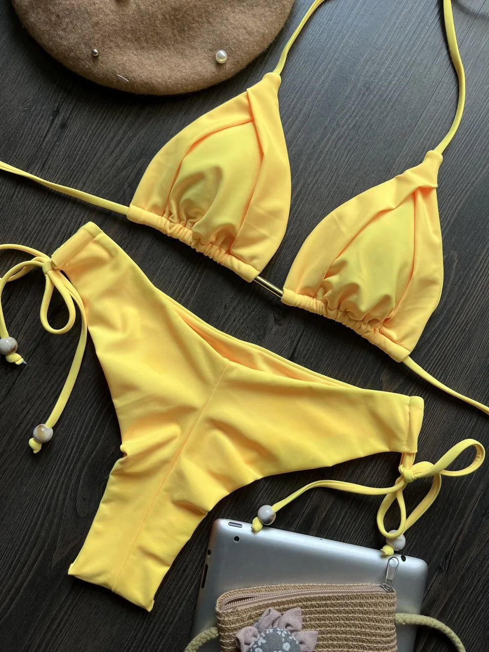 Sexy Yellow Bikini Set 2025 Women Halter Pleate Push Up Bra High Waist Swimsuit Brazilian Beach Bathing Suit Two Piece Swimwear