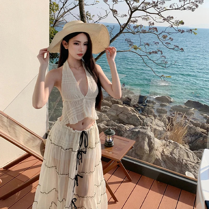 French Style Black Lace-up Bikini Set Halter Neck Crochet Cover Up Skirt Sexy Swimwear for Sanya Thailand Beach Vacation