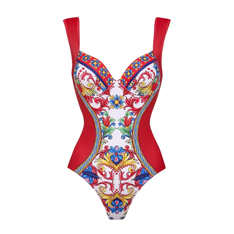 2024 Vintage Pattern Printed One Piece Swimsuit Swimwear Bikini Set Women Beachwear Clearance Wholesale