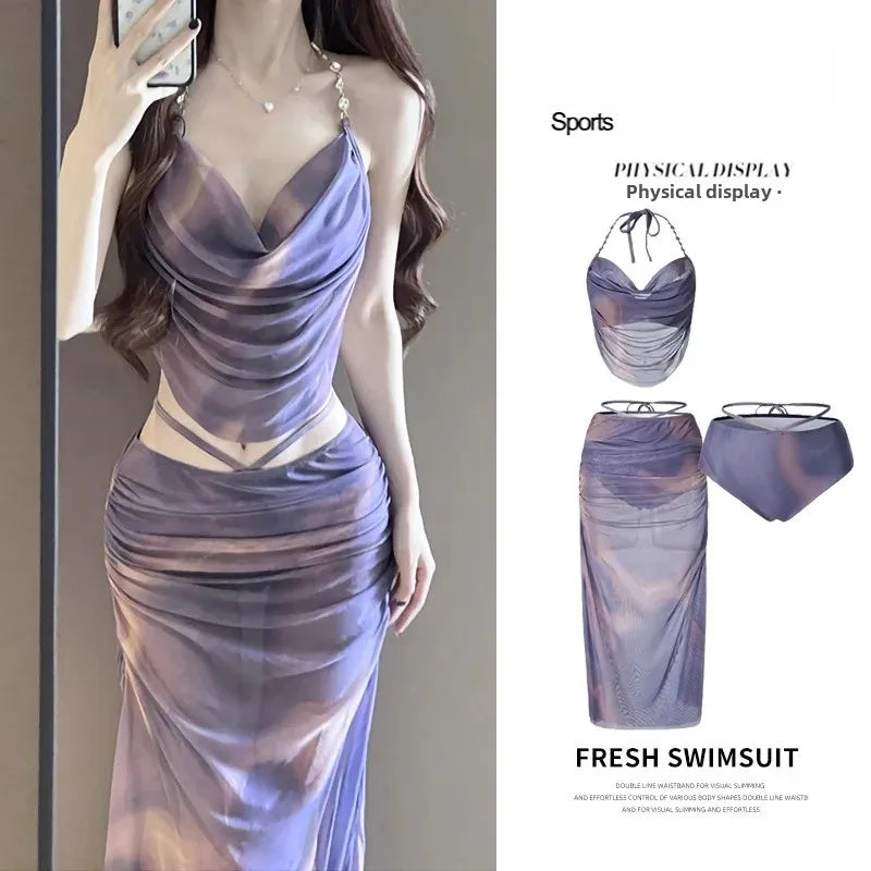 Sexy Bikini Swimwear Women's Three-Piece Set Long Dress Small Chest Gathered Steel Supportive Summer Vacation Beachwear