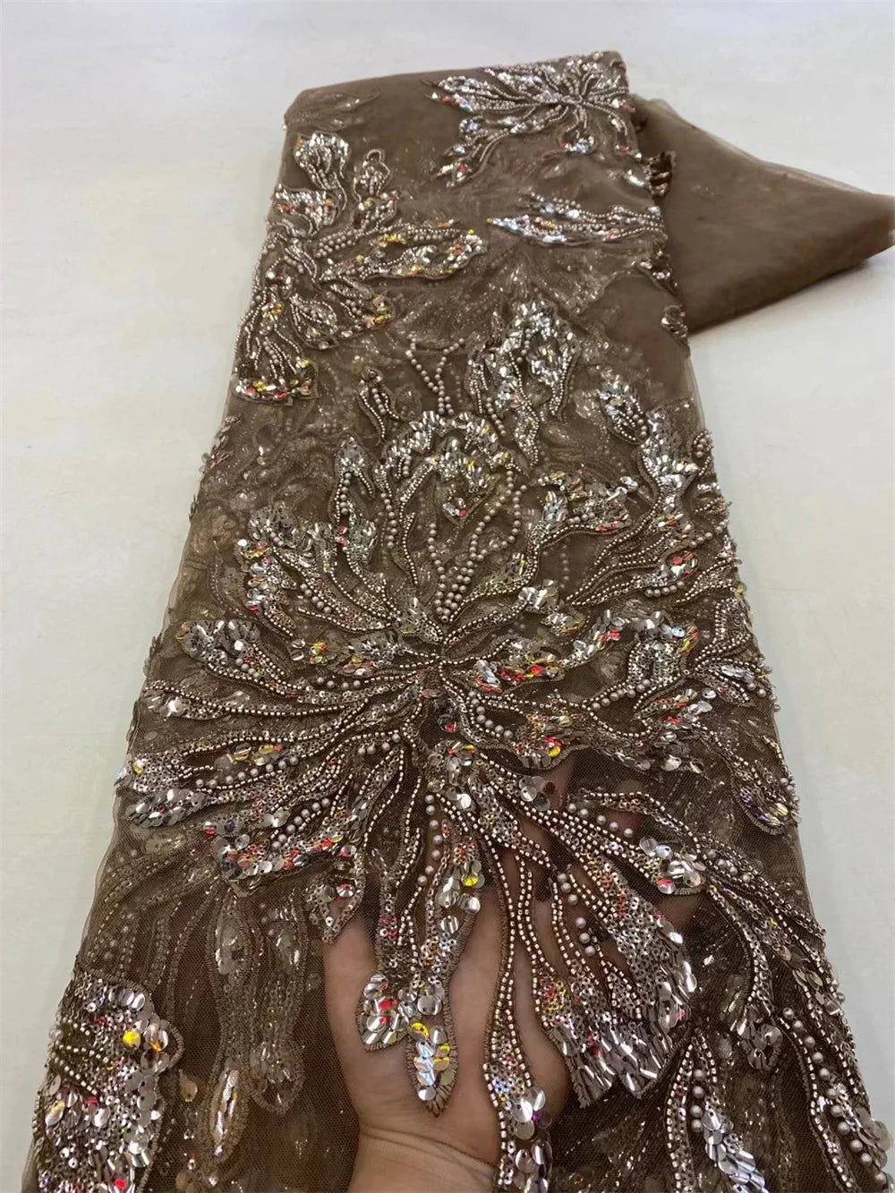 African Lace Fabric 2025 - Sequined Beaded Bridal Lace - No. 001, 5 Yards