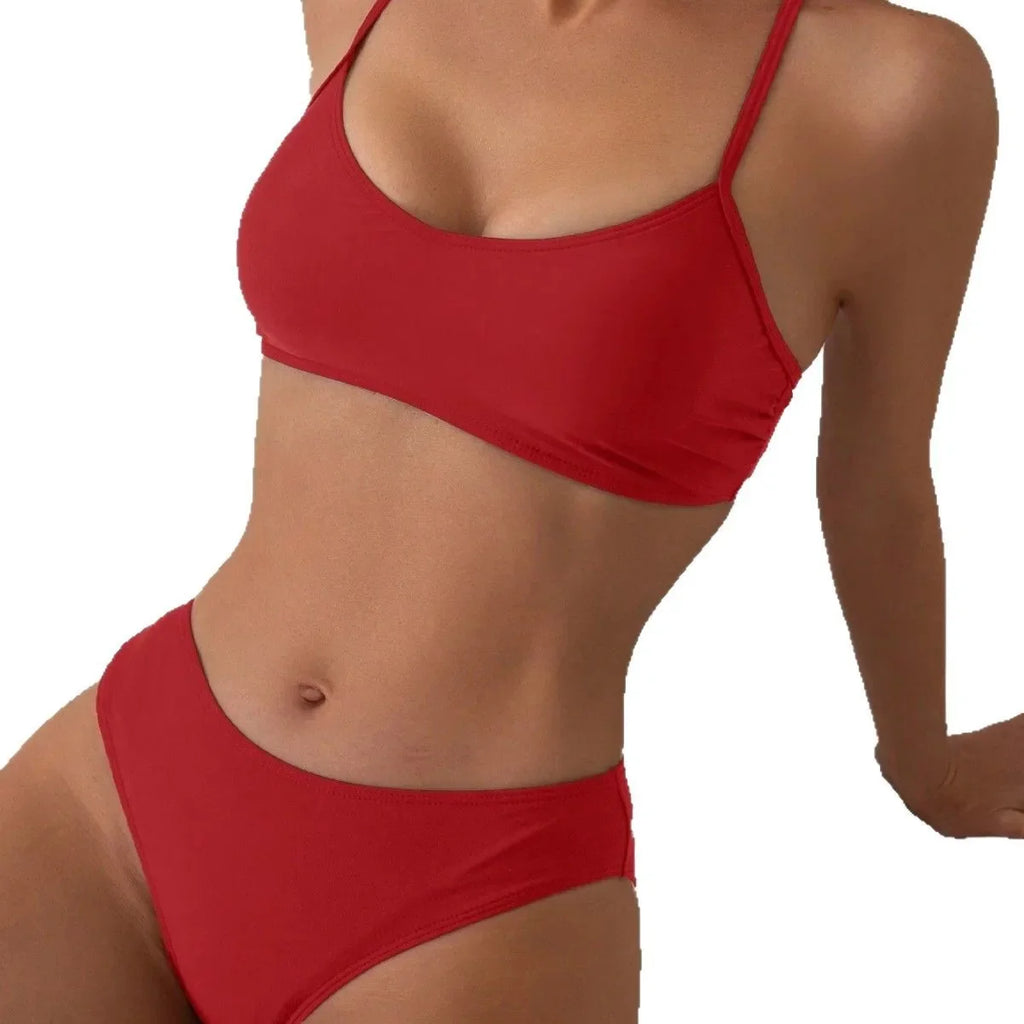 Sexy Backless Pure Color Bikini Swimwear New Women's Split Design Cross-Border Fashionable Poolwear in Various Sizes