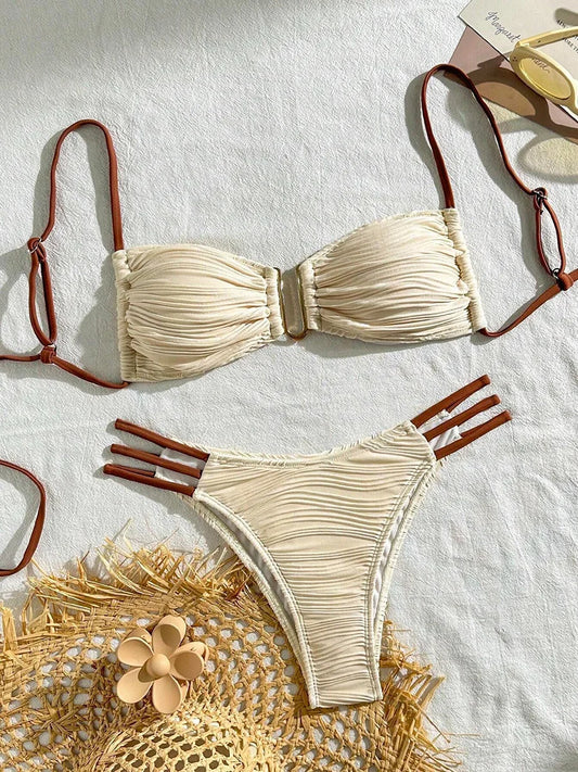 XS - L Wrinkled U Rings Bandeau Bikini Women Swimwear Female Swimsuit Two-pieces Bikini Set Bather Bathing Suit Swim Beachwear