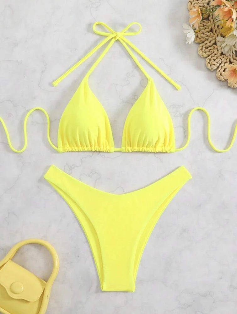 Women Thong Bikini Sexy Solid White/Black/Coffee Halter Swimsuit Lace Up Brazilian Bathing Suit New Double Fabric Beachwear