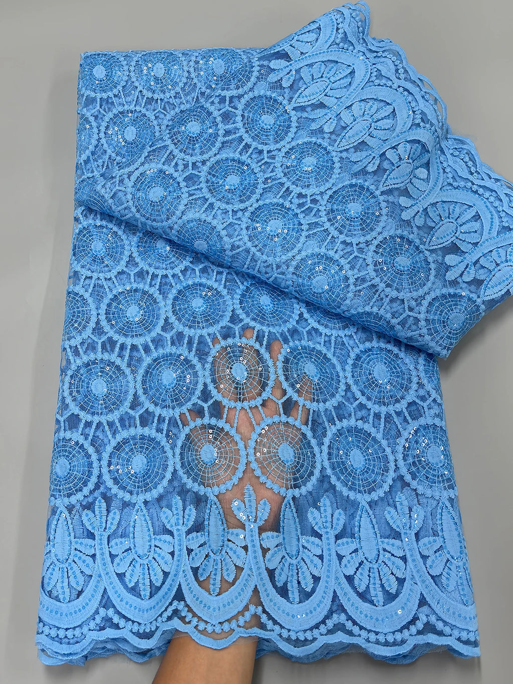 Sky Blue African Lace Fabric 2025 - Milk Silk Mesh Sequins - 53413, 5 Yards