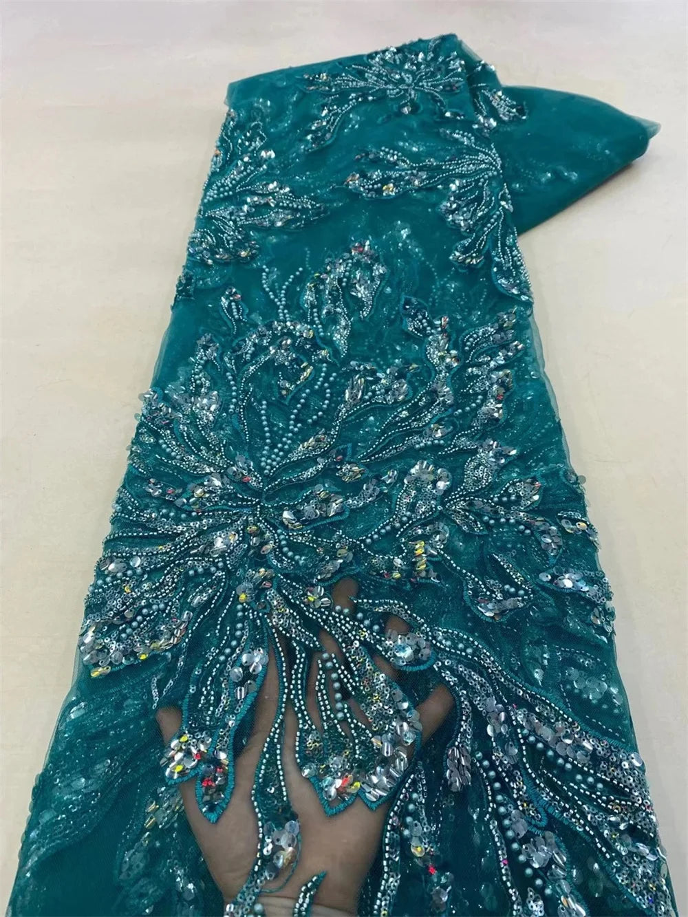 African Lace Fabric 2025 - Sequined Beaded Bridal Lace - No. 001, 5 Yards
