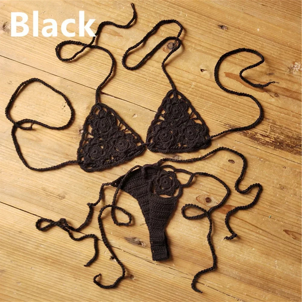 Crochet Bikini Set G-String Lace Up Thong Beach Swimwear Sexy Swimsuit Bra Set For Summer Swimming Party Holiday