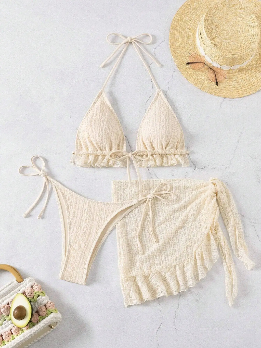 Sexy Coffee Bikini 2025 Women Ruffles Push Up Bra Triangle Swimsuit Summer Bathing Suit Mesh Skirt 3 Piece Swimwear Biquini