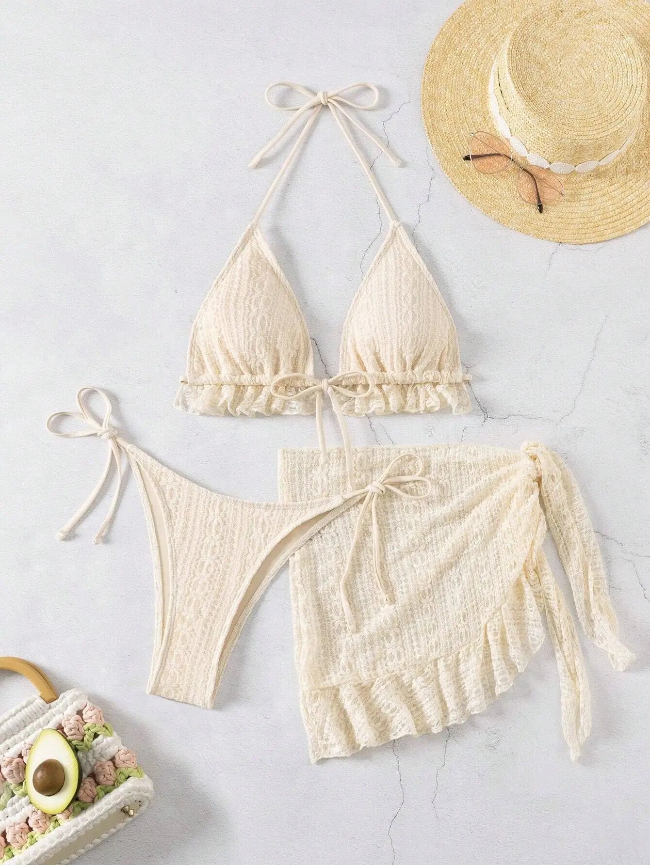 Sexy Coffee Bikini 2025 Women Ruffles Push Up Bra Triangle Swimsuit Summer Bathing Suit Mesh Skirt 3 Piece Swimwear Biquini