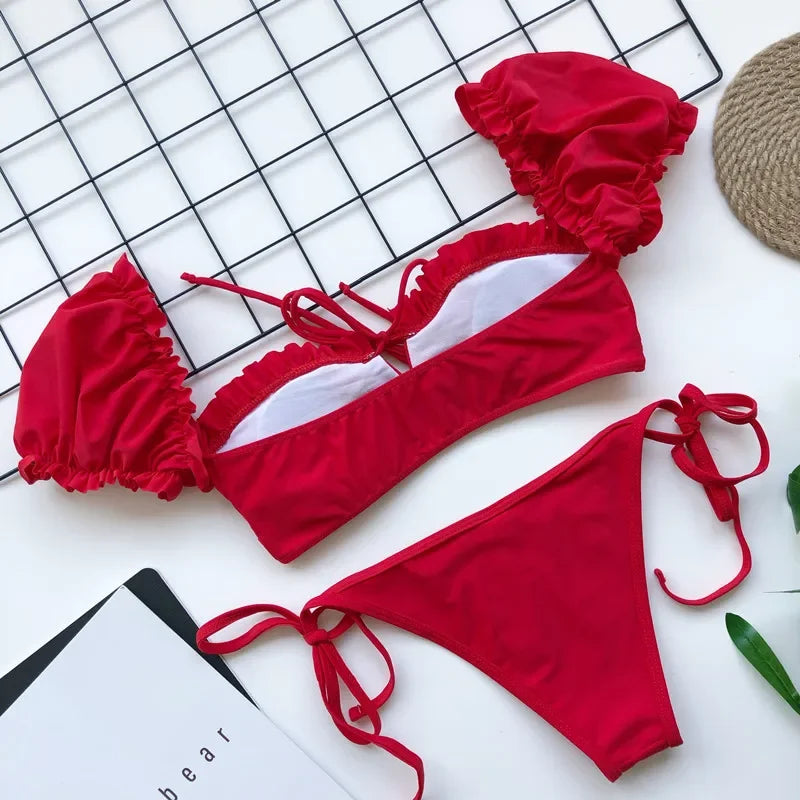 Sexy Ruffle Bikinis 2024 Women Short Sleeve Solid Swimwear Push Up Swimsuit High Cut String Bathing Suit Bandage Thong Beachwear