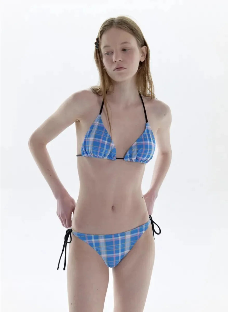 Sexy Plaid Bikini Swimsuit Beach Vacation Retro Separate Swimwear for Young Girls Small Chest Grid Patterned Summer Fun