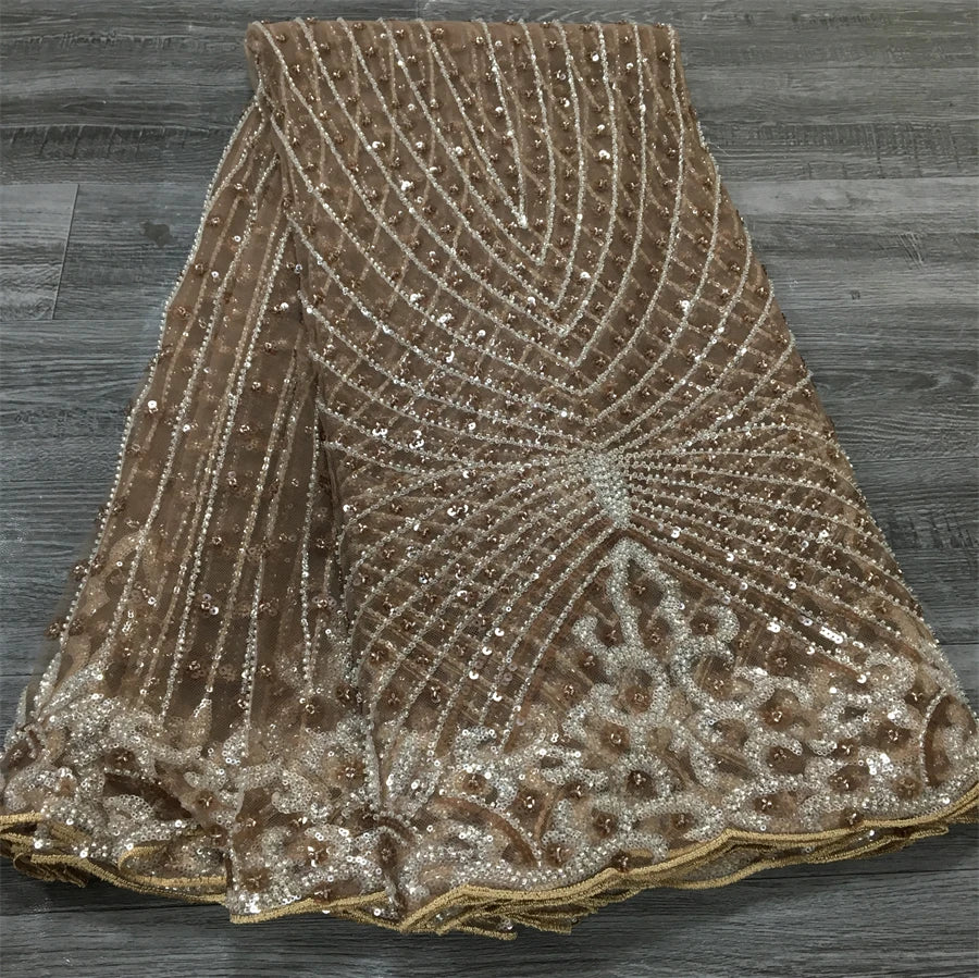 Latest African Sequined Lace Fabric 2025 - Beaded Mesh - French, 5 Yards