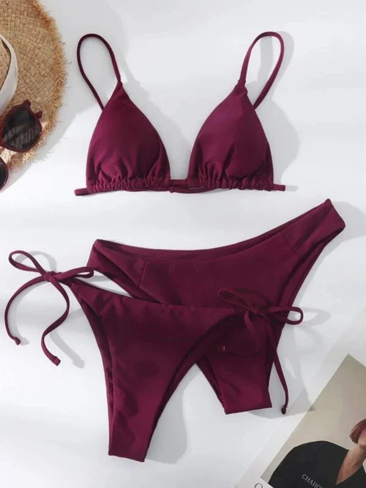 OIINAA Swimwear Women Sexy Solid Swimsuit Drawstring Bow Tie Bikini Set Three-pieces Beachwear Summer Thong Bather Bathing Suit