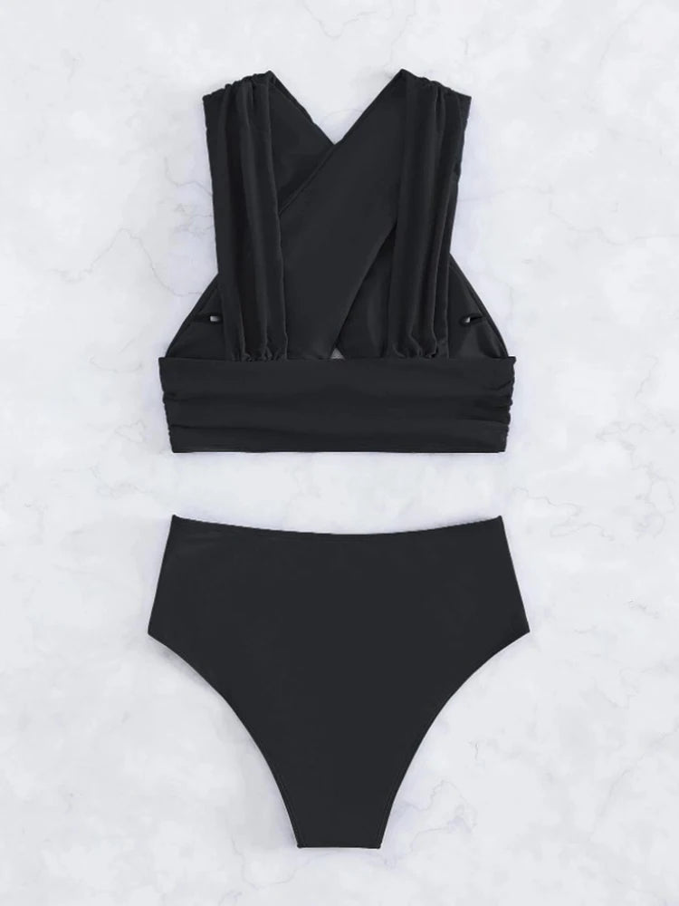 Circyy Blue Swimwear Women Cross Backless Split Swimsuit Pleated High Waisted Beachwear Summer 2025 New Holiday Sexy Bikini Set