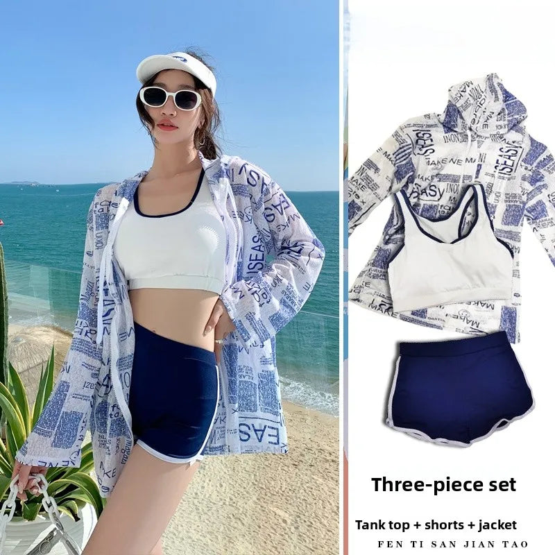 Conservative Student Swimwear ular Korean Sle Women's Tee-piece Set Long Sve Spor Separate Bikini Suit