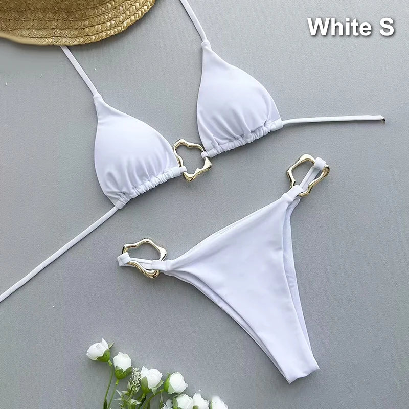 Sexy Solid Color Halter String Triangle Two Piece Bikini Trendy Metal Buckle Swimsuit For Women Summer Beach Lace-up Swimsuit