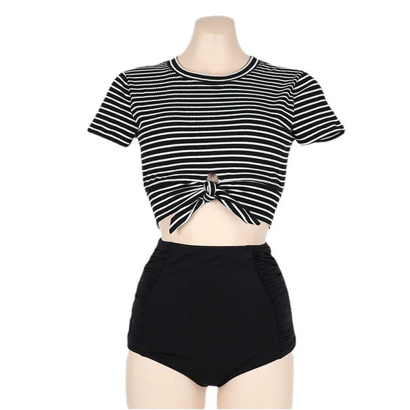 High Waist Stripe Sports Swimsuit Women's Bikini Top with Strap Conservative Belly Covering Slimming ort Sve Swimwear