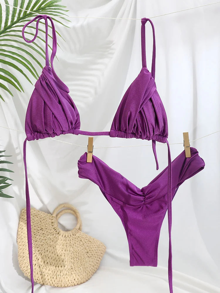 Sexy Folds Bikini Set Solid Micro Bikinis Women Swimsuit Female Triangle Swimwear Beach Wear Bathing Suit