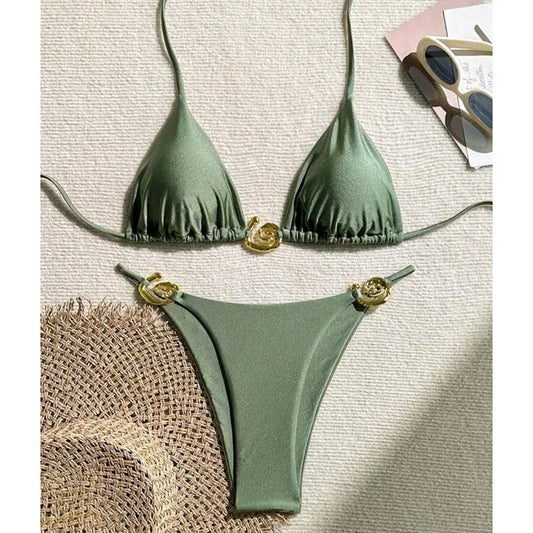 Metal Micro Bikini Swimwear Women Sexy Lace Up Triangle Halter High Cut Thong Bikini Set 2025 New Beach Bathing Suit 2 Piece Set