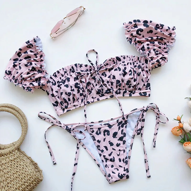 Sexy Ruffle Bikinis 2024 Women Short Sleeve Solid Swimwear Push Up Swimsuit High Cut String Bathing Suit Bandage Thong Beachwear