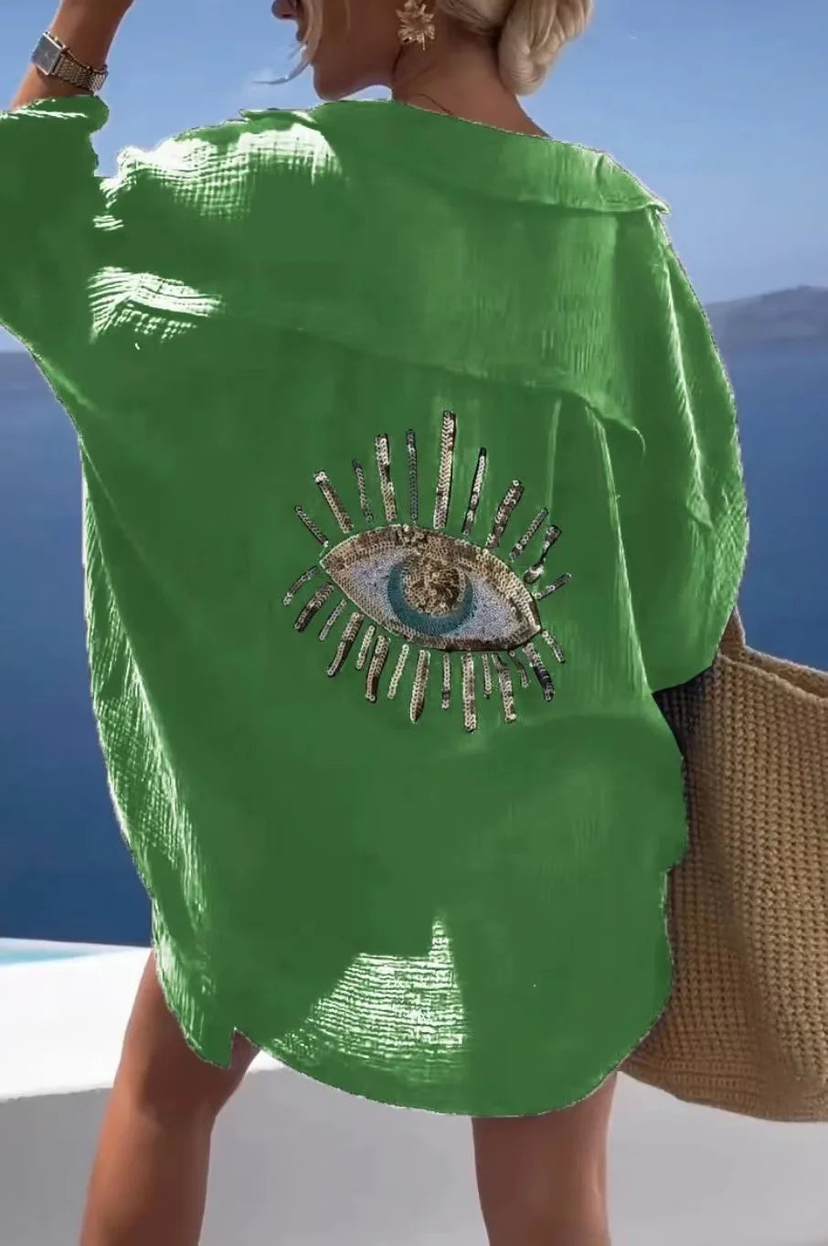Casual Bright Sequin Evil Eye Shirt Women Summer Fashion Long Sleeve Loose Long Blouse Streetwear Turn-down Collar Cotton Tops
