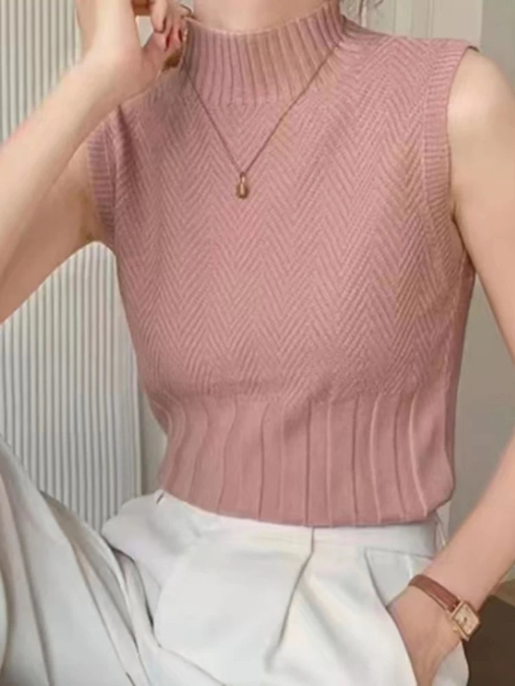 HELIAR Women Summer Casual Knitted Tank Tops Solid Sleeveless Half High Collar Slim Base Shirt Sexy Top Knitwear Y2k High Street