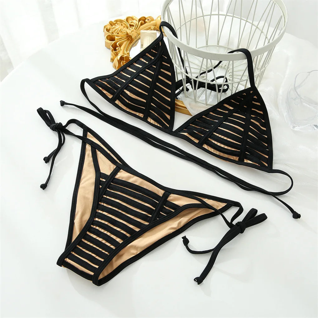 Melphieer Solid Cut Out Bikinis Women Triangle Bikini Set Ties Halter Bathing Suit Push Up Swimwear Beachwear Biquinis Maillot