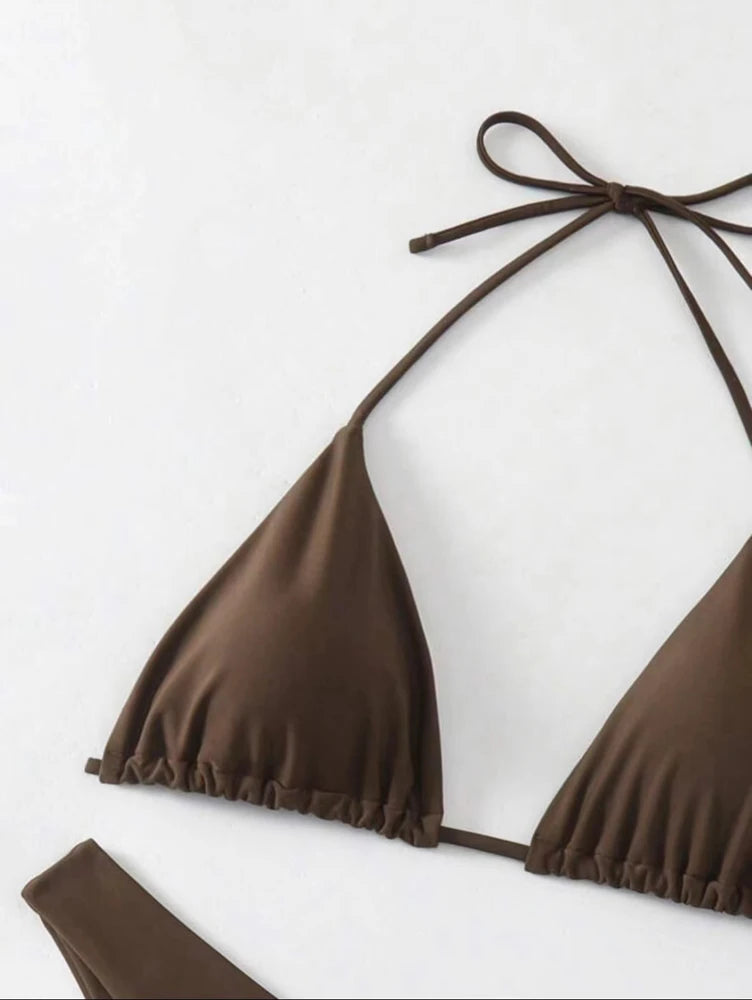 Women Thong Bikini Sexy Solid White/Black/Coffee Halter Swimsuit Lace Up Brazilian Bathing Suit New Double Fabric Beachwear