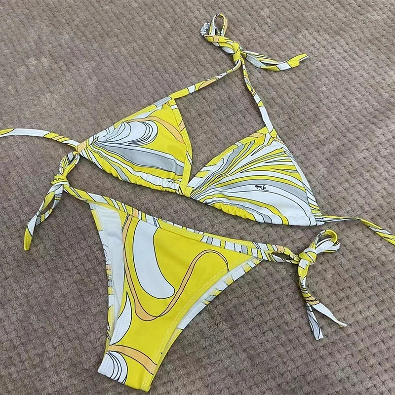 European Luxury Design Women's One-piece Swimsuits Striped Letter Print Swimwear Fashion Brand Women's Sexy Beach Bikini Sets
