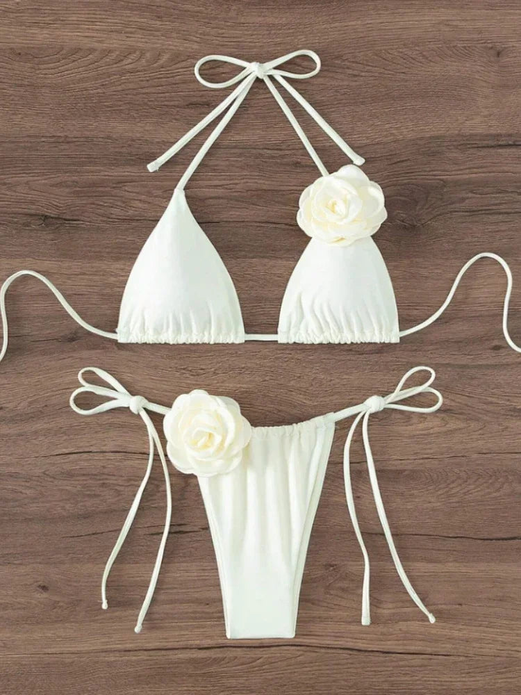 Sexy Bikini Set Women Swimsuit 2024 Black White 3D Floral Print Micro Bikinis Brazilian Cutout Beach Bathing Suit Thong Swimwear