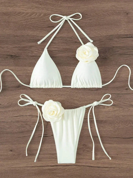 Sexy Bikini Set Women Swimsuit 2024 Black White 3D Floral Print Micro Bikinis Brazilian Cutout Beach Bathing Suit Thong Swimwear