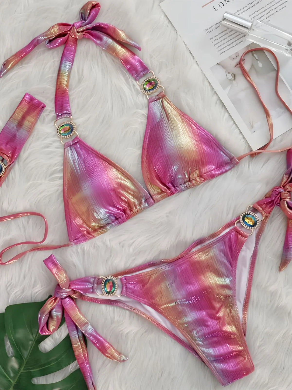 Sexy Pink Gradient Bikini Set Women Luxury Rhinestone Push Up Band 3 Piece Swimsuit Bathing Suit Diamond Thong Swimwear