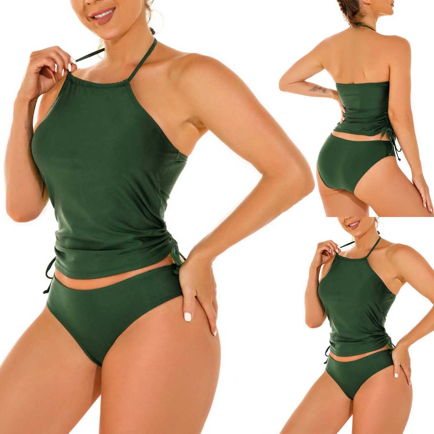 Summer Sexy Two Pieces Backless Bikini Set Pleated Edge Swimsuit Beach Bathing Suit With Chest Pad Halter Sleeveless Swimwear
