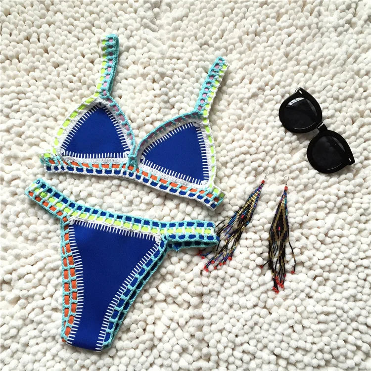 Bikini Crochet 2025 Handmade Knit Patchwork Reversible 2 Piece Swimsuit Women Halter Top Brazilian Bathing Suit Thong Swimwear