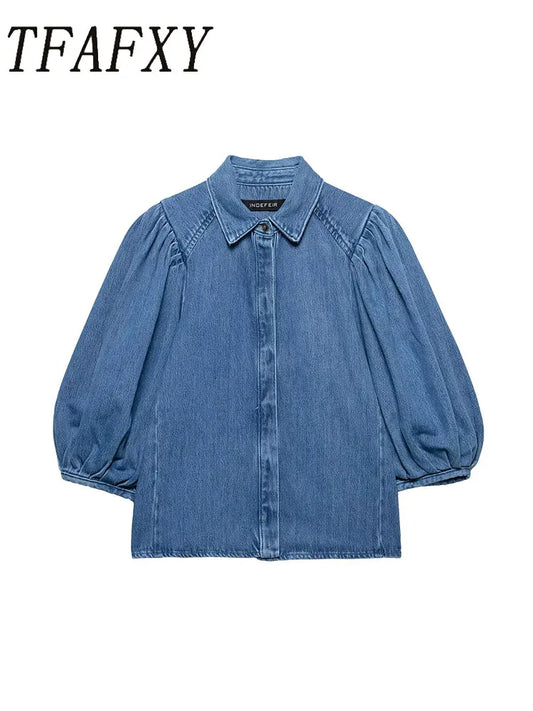 TFAFXY 2025 Spring Summer Casual Women's Denim Blouse Collar Single Breasted Loose Blouse New Fashion Shirts