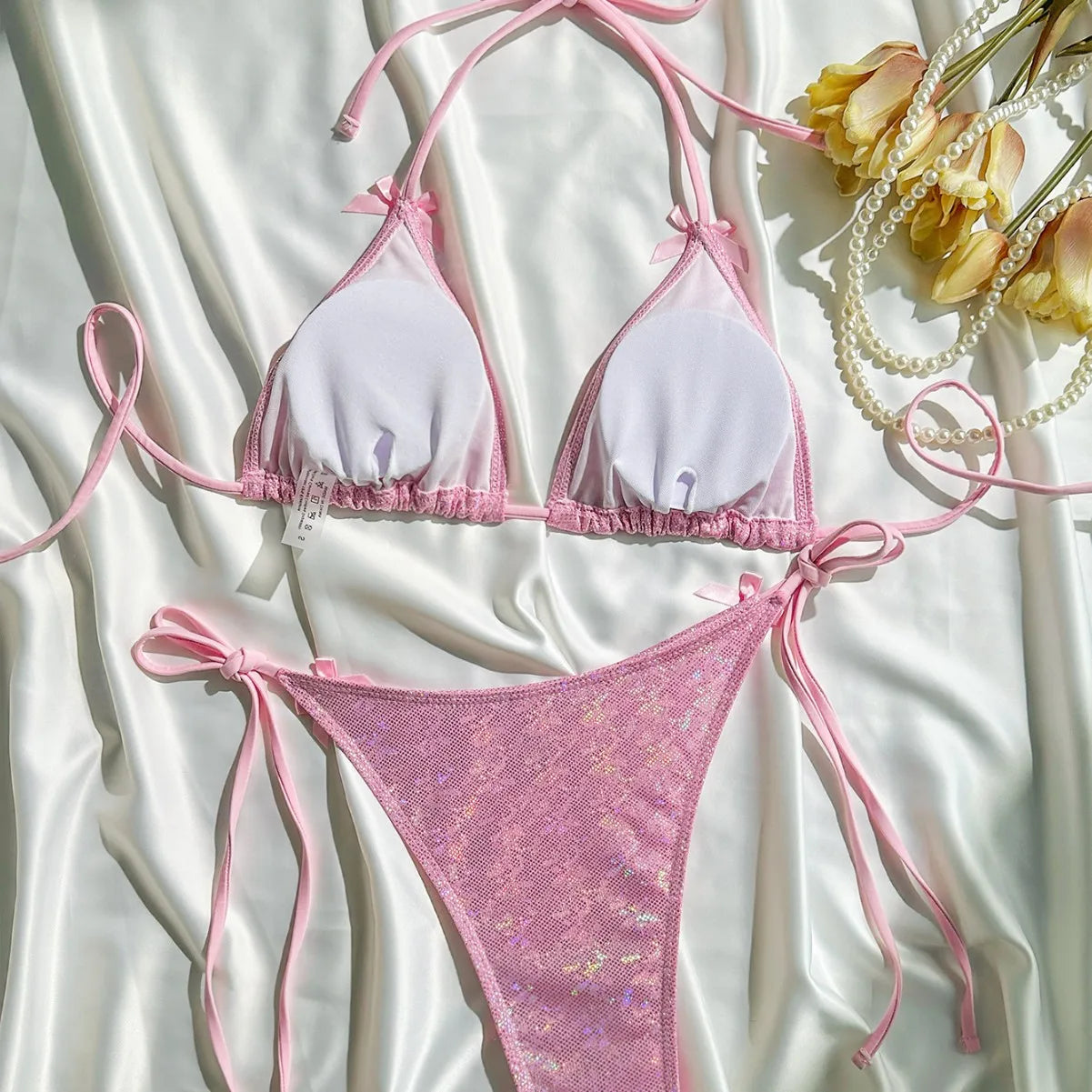 Shiny Pink Micro Bikini Set 2025 Mujer Women Sexy Push Up Thong Swimsuit Summer Bathing Suit Bandage Holiday Swimwear Women