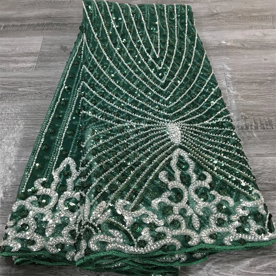 Latest African Sequined Lace Fabric 2025 - Beaded Mesh - French, 5 Yards