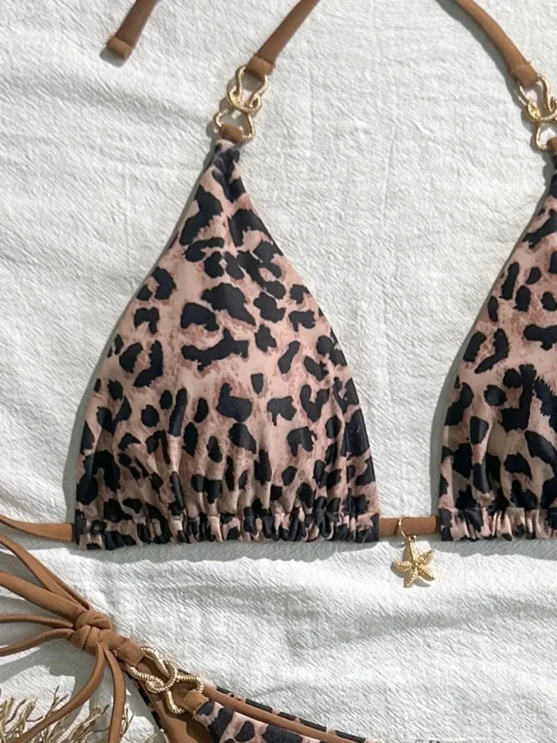2025 New Arrival European and American Leopard Print Halter Bikini Set for Women, Sexy Swimsuit